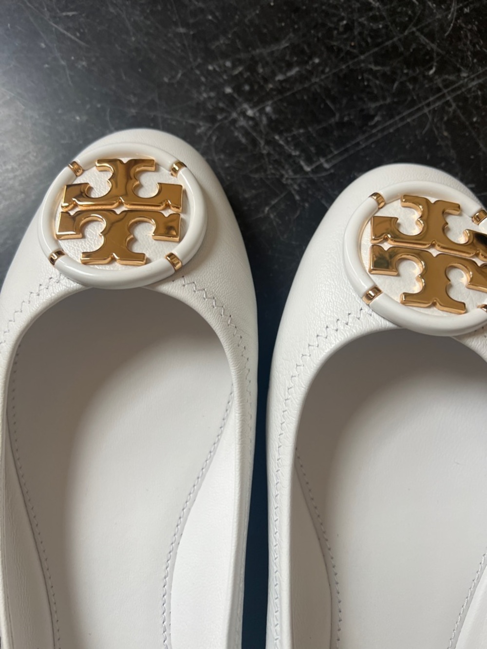 Tory Burch White Leather Logo Ballet Flats with Gold Emblem - Picture 3 of 6